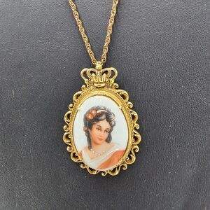 FLORENZA Hand Painted Limoges Cameo Portrait Necklace Signed Vintage Gold Filled